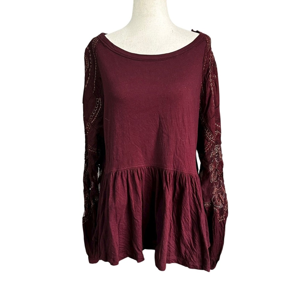 Free People Maroon Metallic Peplum Blouse Women's Top Size Small | 0228-3